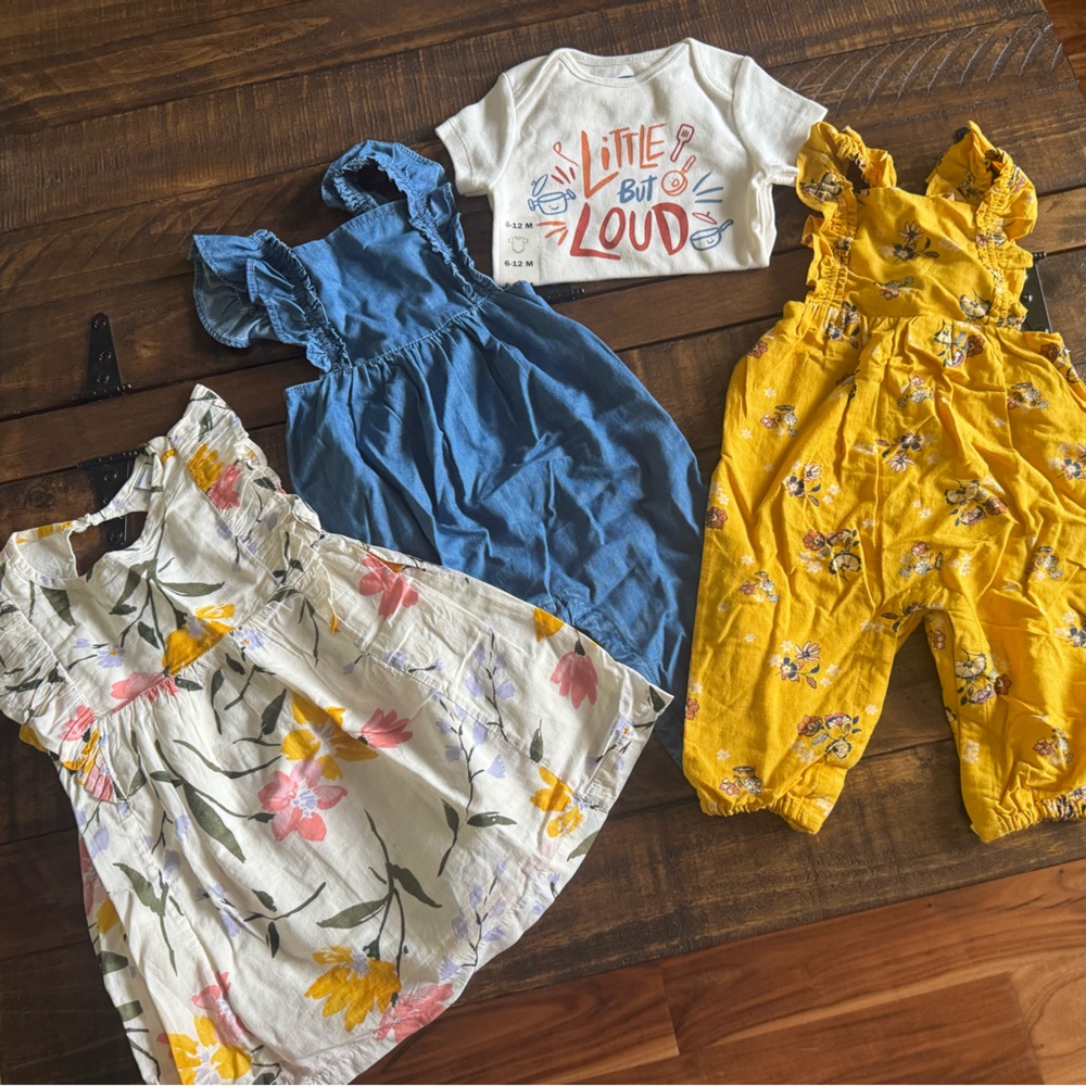 Floral Dress, Blue Dress, Graphic Tee, and Yellow Overalls Set